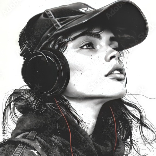 Stylish Young Woman with Headphones and Cap in Monochrome Illustration in 90s Style
