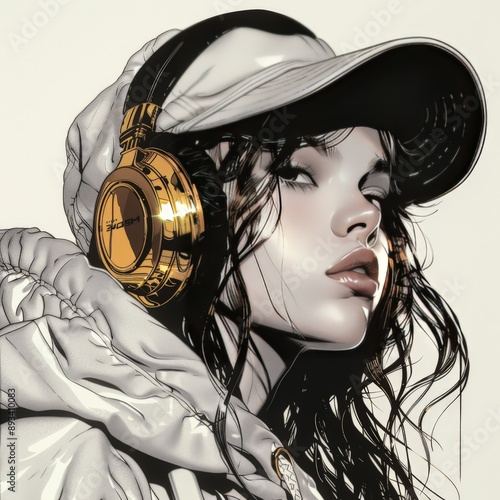 Stylish Young Woman with Golden Headphones and Cap in 90s Style