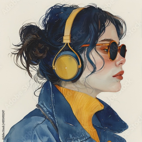 Stylish Young Woman with Yellow Headphones and Sunglasses in 90s Style