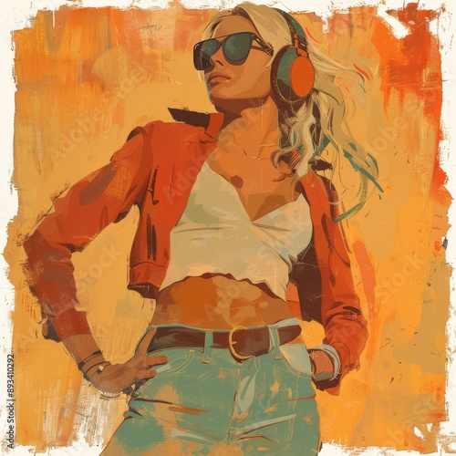 Fashionable Young Woman with Headphones and Sunglasses in Artistic Style