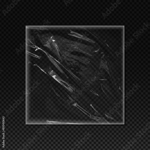 Plastic or vinyl wrap texture with wrinkles, realistic shrink polyethylene sleeve, vector PVC square frame cling film