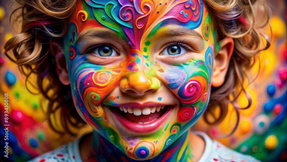 Obraz premium Vibrant colors and swirling patterns adorn a child's face, a celebratory and imaginative transformation, frozen in a joyful expressionless moment.