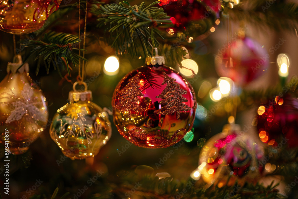 Close-up of Christmas tree ornaments with golden lights, creating a festive and warm holiday atmosphere. Close-up of Christmas tree ornaments with golden lights, creating a festive and warm holiday atmosphere.