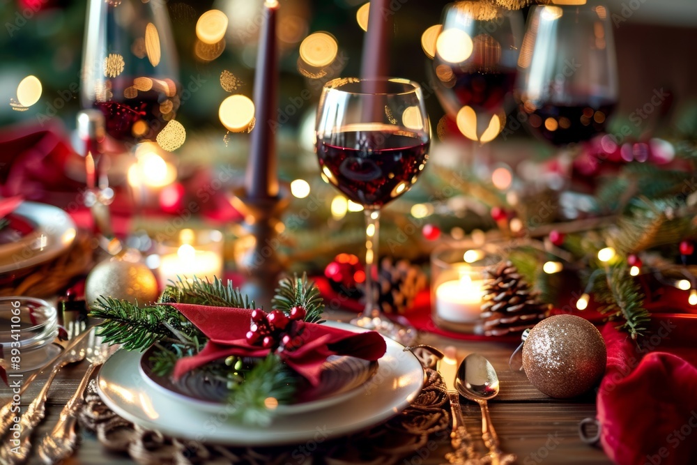 Elegantly set Christmas dinner table with sparkling lights and festive decorations, creating a warm ambiance. Elegantly set Christmas dinner table with sparkling lights and festive decorations, creating a warm ambiance.
