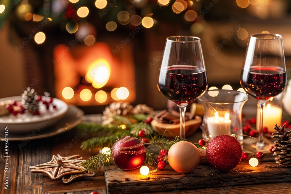 Elegantly set Christmas dinner table with sparkling lights and festive decorations, creating a warm ambiance. Elegantly set Christmas dinner table with sparkling lights and festive decorations, creating a warm ambiance.