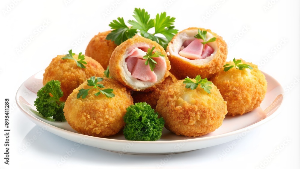 Delicately arranged crispy fried balls filled with rich ham and fish, garnished with parsley, on a clear isolated background. Delicately arranged crispy fried balls filled with rich ham and fish, garnished with parsley, on a clear isolated background.