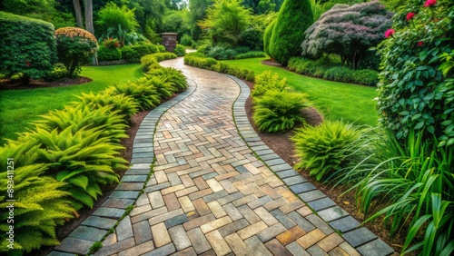 Weathered stone pavers in rustic herringbone pattern form a serpentine walkway through lush greenery in a serene outdoor setting naturally.