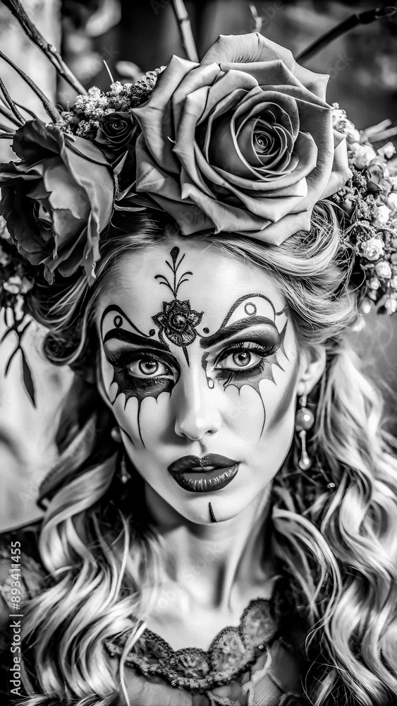 Haunting Allure, Black and White Portrait of a Young Gothic Beauty with Floral Headpiece Ideal for Fashion Magazines, Photography Exhibitions, Gothic Fashion Promotions, Halloween Event Posters Haunting Allure, Black and White Portrait of a Young Gothic Beauty with Floral Headpiece Ideal for Fashion Magazines, Photography Exhibitions, Gothic Fashion Promotions, Halloween Event Posters