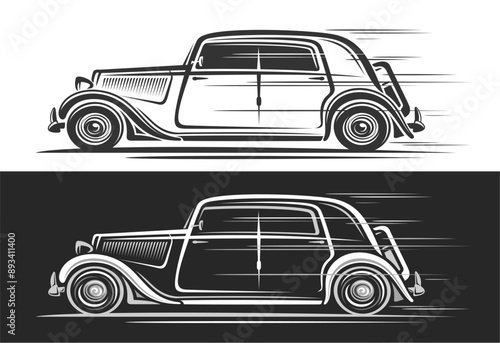 Vector logo for Oldtimer Car, automotive decorative banners with simple illustration of elegant historic car in moving, artwork of running monochrome exotic oldtimer car on black and white background