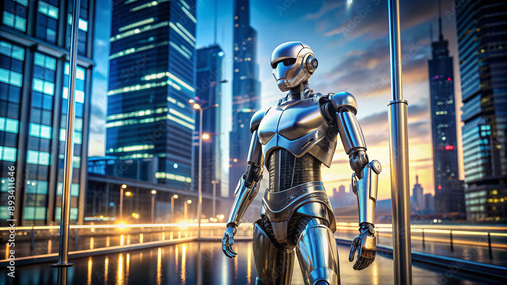Metallic robot stands upright on a thin pole in front of a modern urban building, its shiny surface reflecting the surrounding cityscape's bright lights. Metallic robot stands upright on a thin pole in front of a modern urban building, its shiny surface reflecting the surrounding cityscape's bright lights.