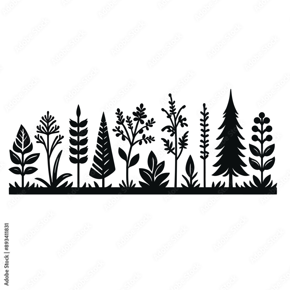 Obraz premium various decorating plant items with black silhouette on a white background