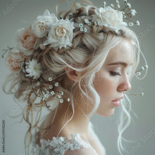 ethereal bride with intricate floral hairstyle soft watercolor texture elegant styling delicate white flowers woven through cascading locks dreamy pastel hues © furyon