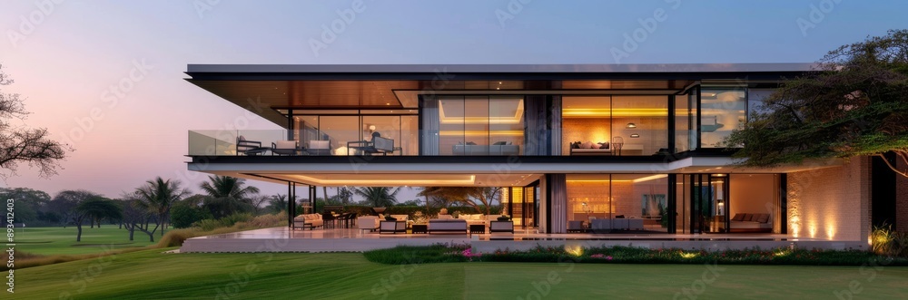 Modern house with large glass windows overlooking the golf course Modern house with large glass windows overlooking the golf course
