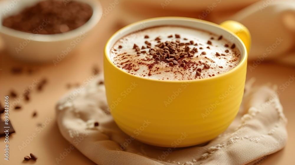 Yellow Cup of Hot Cocoa with Cozy Background Yellow Cup of Hot Cocoa with Cozy Background