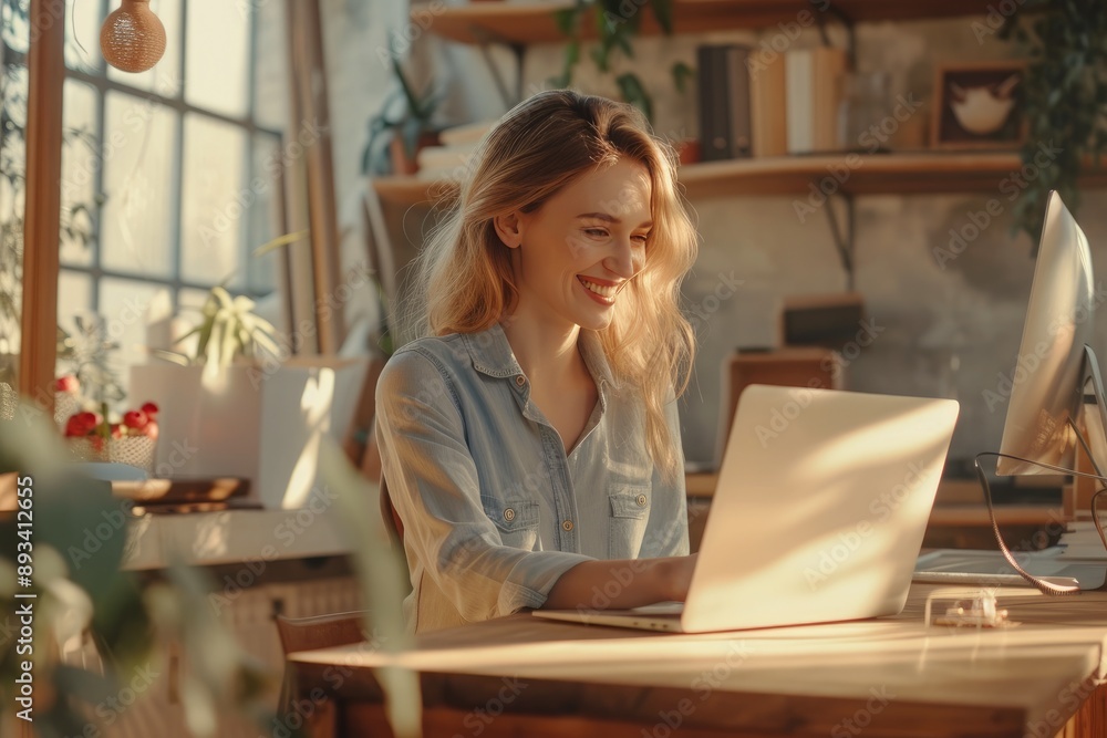 Smiling Woman Using Laptop in Warm Office Smiling Woman Using Laptop in Warm Office