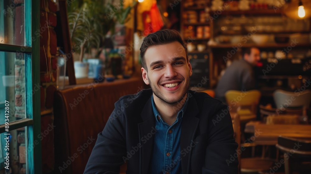 Elegantly dressed man smiling in cafe setting Elegantly dressed man smiling in cafe setting