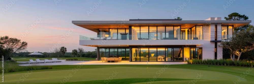 Fototapeta premium Modern two-story villa with large glass windows