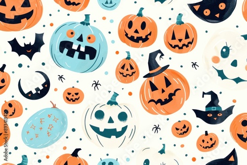 A whimsical Halloween pattern featuring carved pumpkins, bats, ghosts, and other festive details