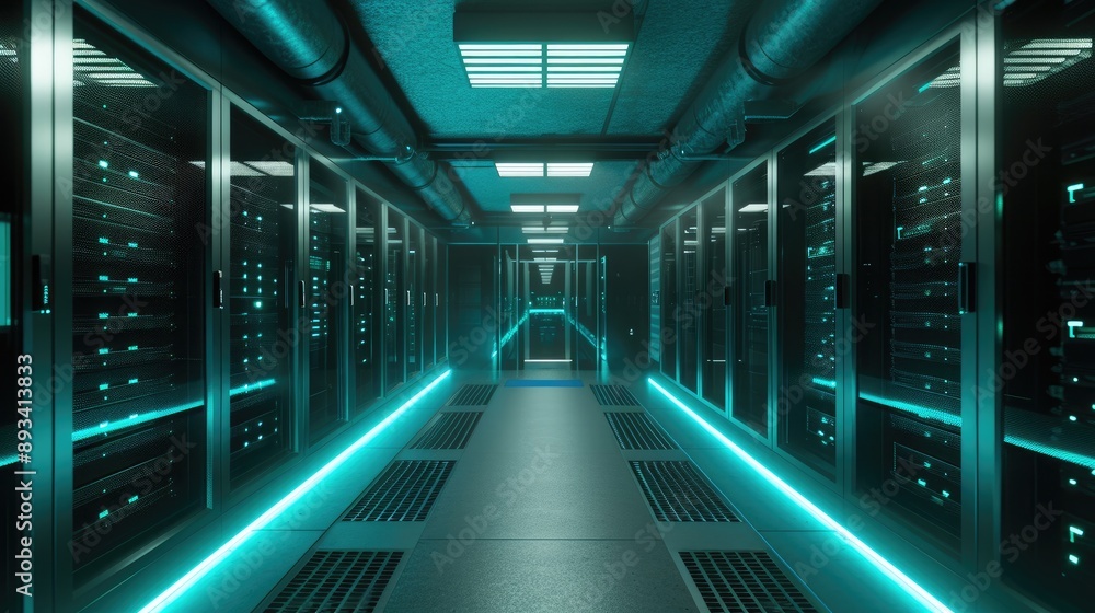 Advanced Server Room in Gray with Turquoise Glow Advanced Server Room in Gray with Turquoise Glow