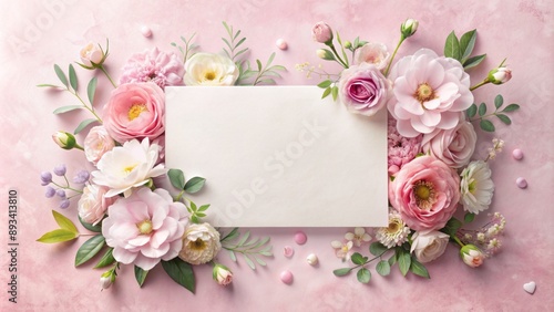 Softly blurred light pink backdrop features delicate watercolor flowers surrounding a blank paper greeting card with elegant whitespace borders.