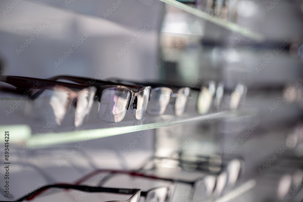 medical eyeglasses are presented on shelf for selling with light reflection on it is lens medical eyeglasses are presented on shelf for selling with light reflection on it is lens