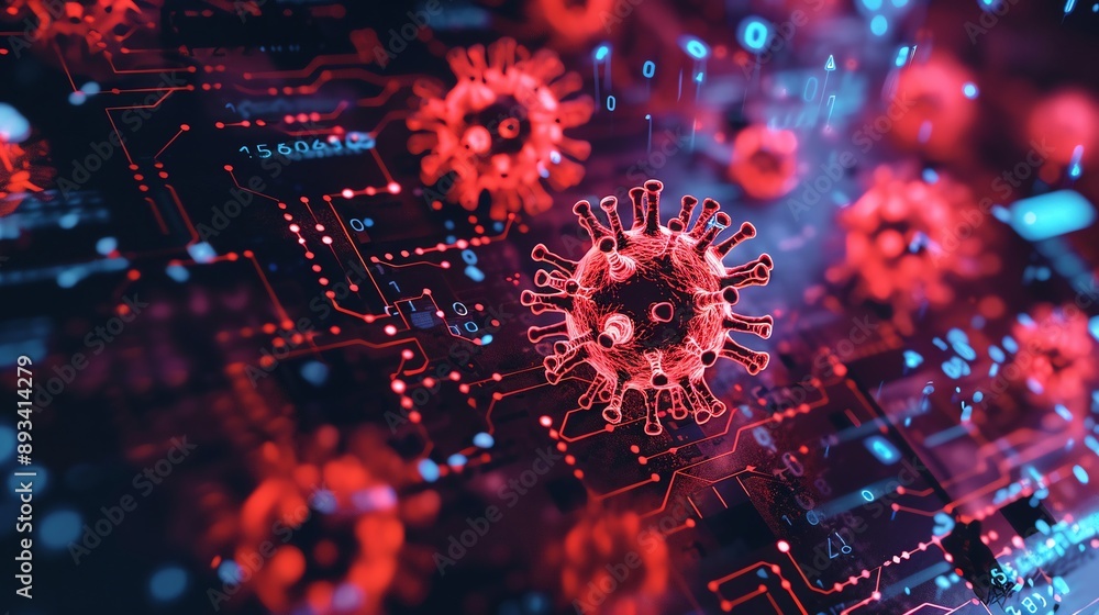 A circuit board with red virus-like spheres on it.