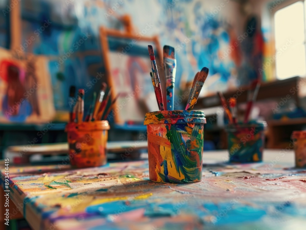 Close-up of various paint brushes stored in a glass jar on a wooden table, ideal for artistic and creative purposes Close-up of various paint brushes stored in a glass jar on a wooden table, ideal for artistic and creative purposes