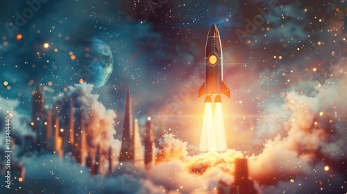 Rocket launch for a startup business, set against a modern city backdrop, representing creativity and new beginnings.