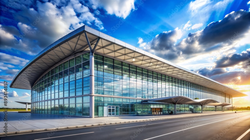 Modern international airport terminal building with glass facade and steel structure under bright blue sky with few clouds. Modern international airport terminal building with glass facade and steel structure under bright blue sky with few clouds.