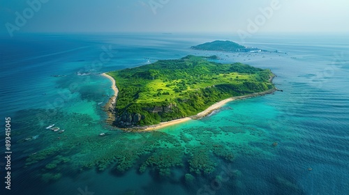 Aerial View of a Lush Green Island in the Ocean