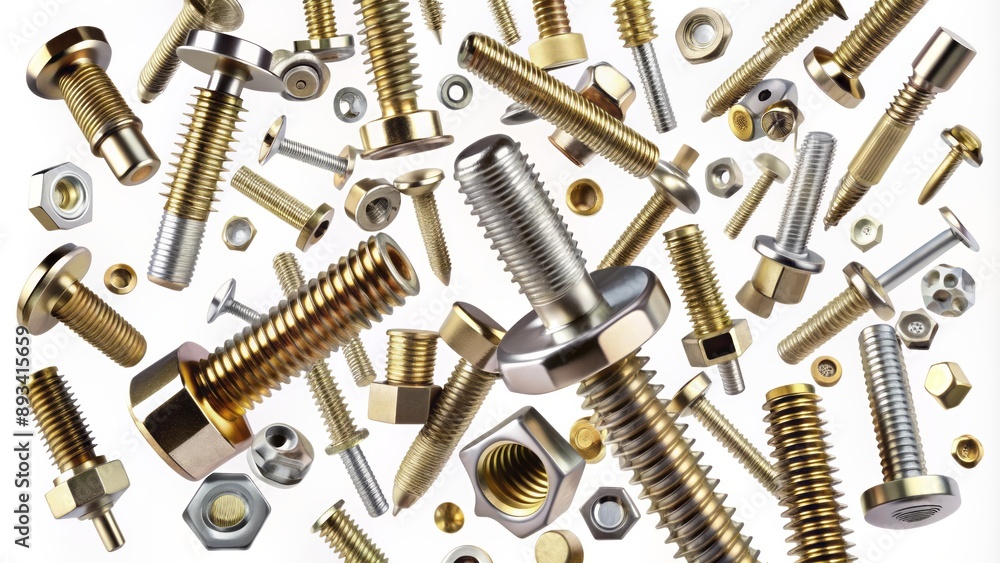 Assorted bolts and screws suspended in mid-air against a clean white background, perfect for adding product information or titles. Assorted bolts and screws suspended in mid-air against a clean white background, perfect for adding product information or titles.