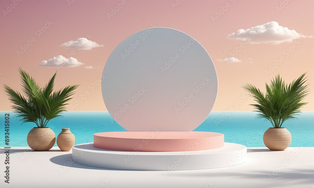 Podium stand for product presentation with summer concept. Pedestal platform for cosmetic advertising. Minimal summer vacation Podium stand for product presentation with summer concept. Pedestal platform for cosmetic advertising. Minimal summer vacation
