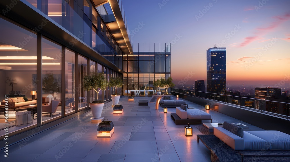 corporate rooftop terrace at dusk with elegant lighting, lounges, and a ...