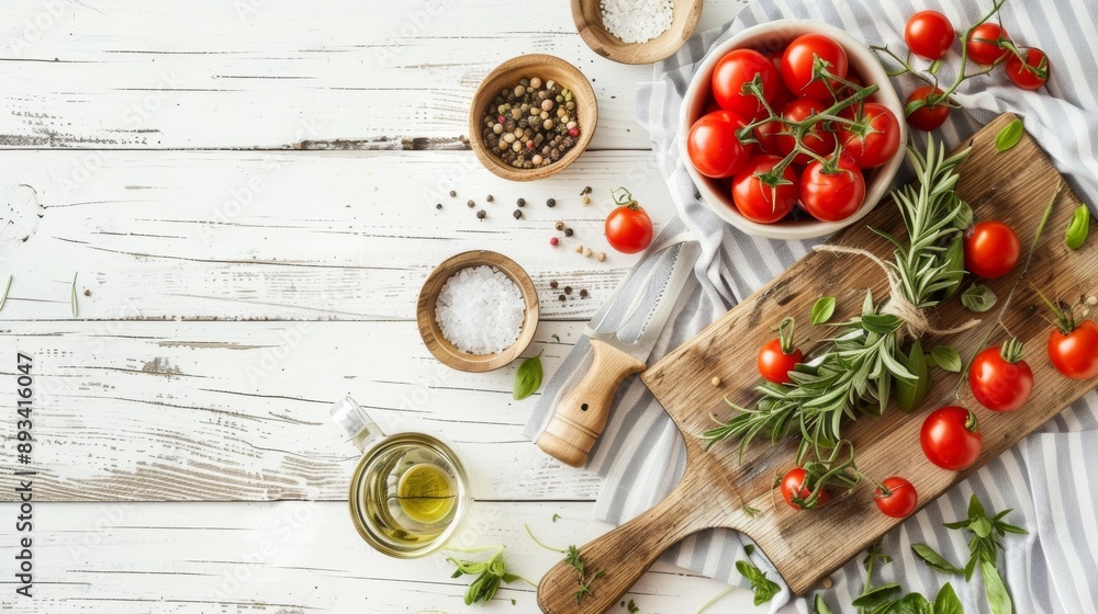 Fresh Cherry Tomatoes and Herbs on Rustic White Surface Fresh Cherry Tomatoes and Herbs on Rustic White Surface
