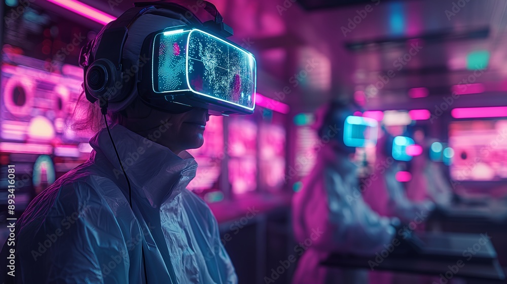 Researchers working with VR technology in a neon lit laboratory for scientific experiments Researchers working with VR technology in a neon lit laboratory for scientific experiments