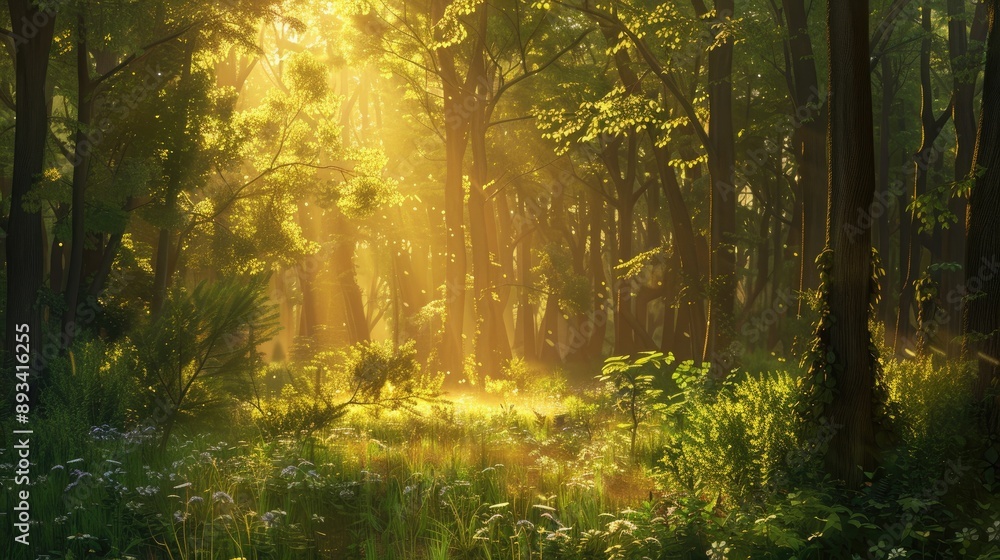 Fototapeta premium A forest clearing bathed in golden sunlight, with various shades of green and brown.