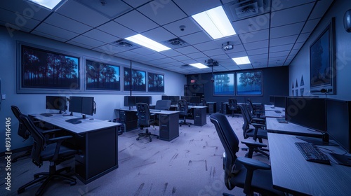 corporate security training facility with simulation rooms, tactical equipment, and a focus on cybersecurity measures photo