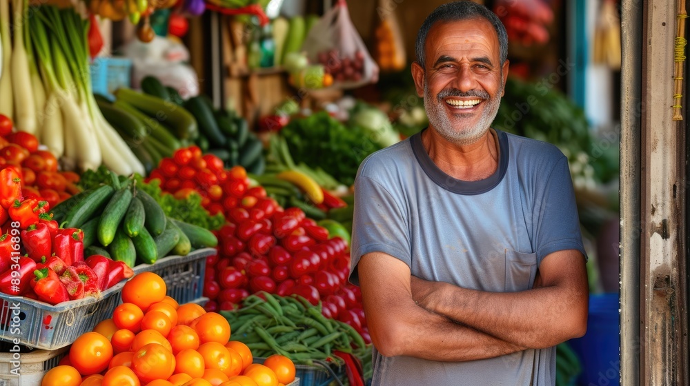 Cheerful Oriental Man in Vibrant Market Scene, Arab Country Cheerful Oriental Man in Vibrant Market Scene, Arab Country