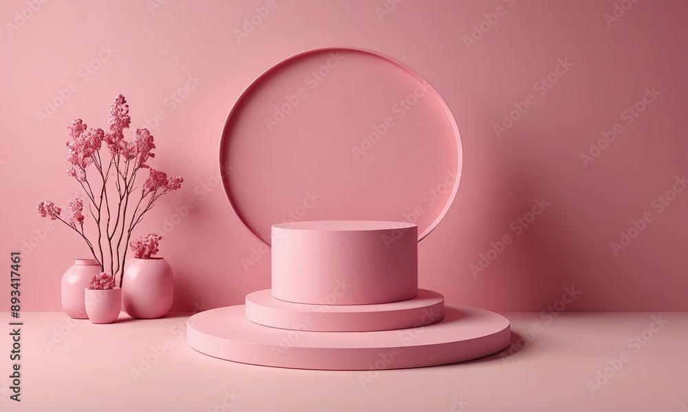 Blank podium with Valentine's Day theme. Display stand for product presentation mock up. Cylinder stage in sweet lovely pink color with simple design Blank podium with Valentine's Day theme. Display stand for product presentation mock up. Cylinder stage in sweet lovely pink color with simple design