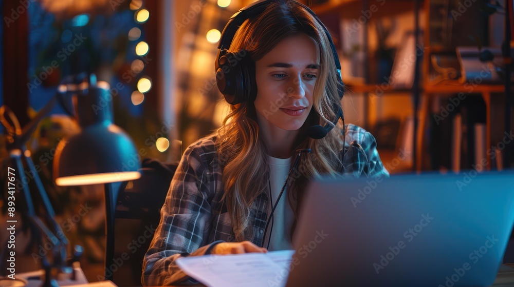 Podcaster in a stylish home office, with a laptop and paper notes, warm lighting Podcaster in a stylish home office, with a laptop and paper notes, warm lighting