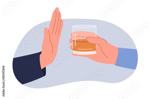 Refusal from alcohol is demonstrated by man hand, near glass of whiskey or liqueur, which causes intoxication and addiction. Person says stop alcohol beverages trying to stop drinking cognac