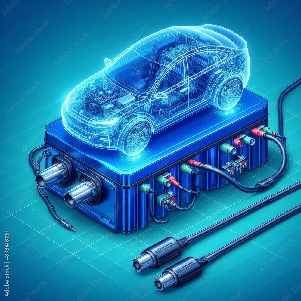 Obraz premium An electric car lithium battery pack is illustrated with power connections, showcasing the core of modern automotive technology in a vibrant blue tone 