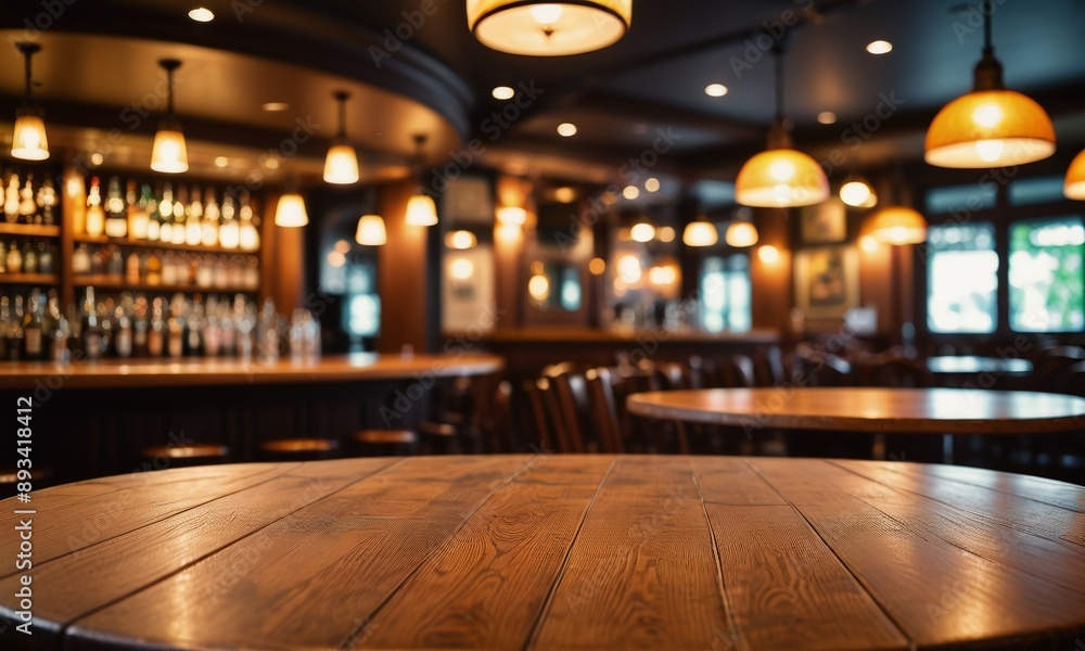 Wooden table and pub or bar blur background Wooden table and pub or bar blur background