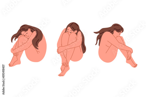 Depression and apathy in girl sitting without clothes and experiencing stress caused by breaking with boyfriend. Suffering from apathy in defenseless woman with mental health problems