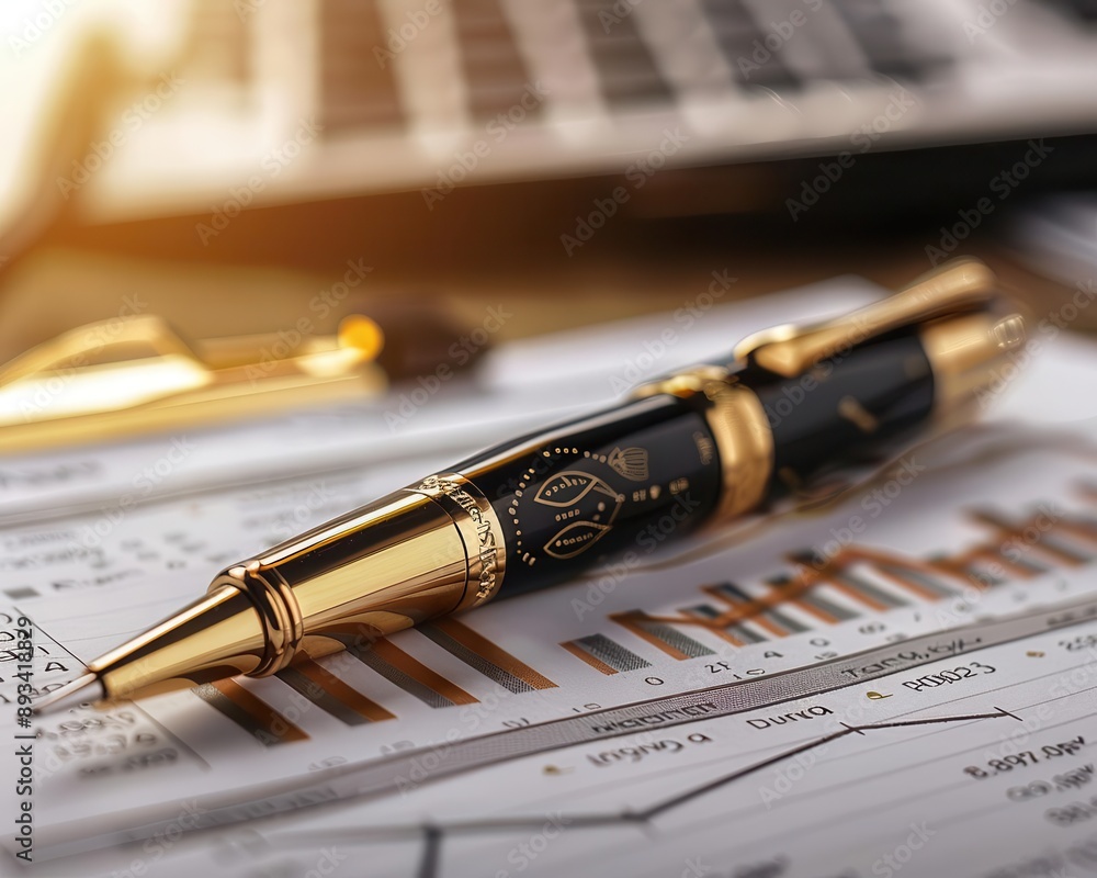Corporate office tools, closeup on a sophisticated pen lying on a financial report Corporate office tools, closeup on a sophisticated pen lying on a financial report