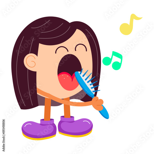A comic style sticker of a girl with a singing hairbrush 

