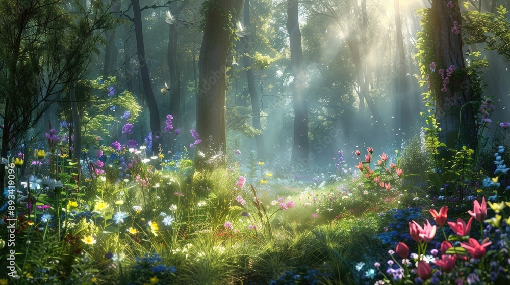Obraz premium A forest scene with sunlight creating a natural spotlight on a patch of wildflowers.