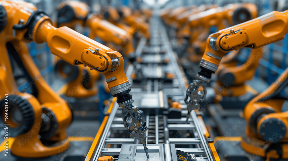 Robotic arms working on a production line in a factory. Robotic arms working on a production line in a factory.