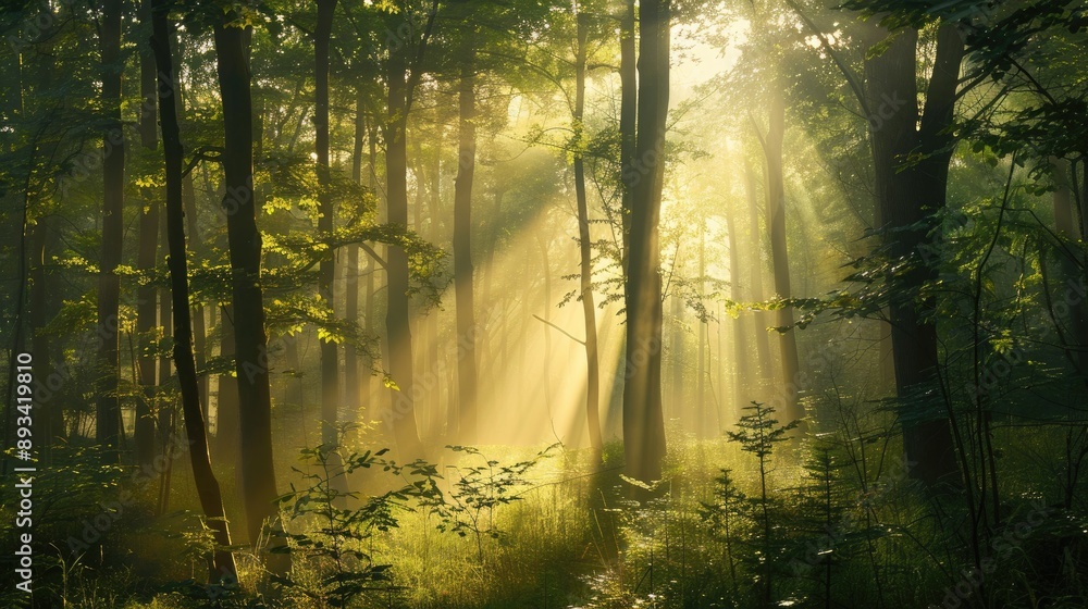 Obraz premium A misty morning in the forest with sunlight creating a magical atmosphere through the trees.