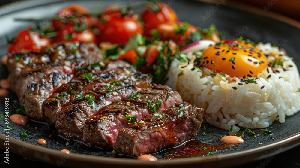 Grilled Steak with Rice, Egg, and Tomato Salad Grilled Steak with Rice, Egg, and Tomato Salad